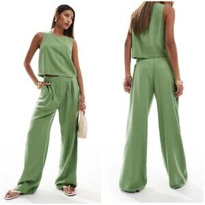 Abercrombie & Fitch Sloane Co-ord Linen Blend Wide Leg Trouser Size 12/31 Green